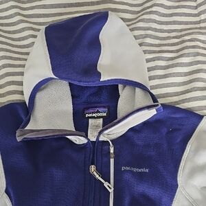 Patagonia Polar Tech Blue and Grey Hooded Jacket Xl Womens